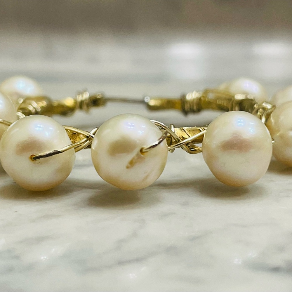 Handmade Pearl Hoop Earrings Gold Tone Artisan Wire Wrapped Statement Jewelry - Picture 11 of 14